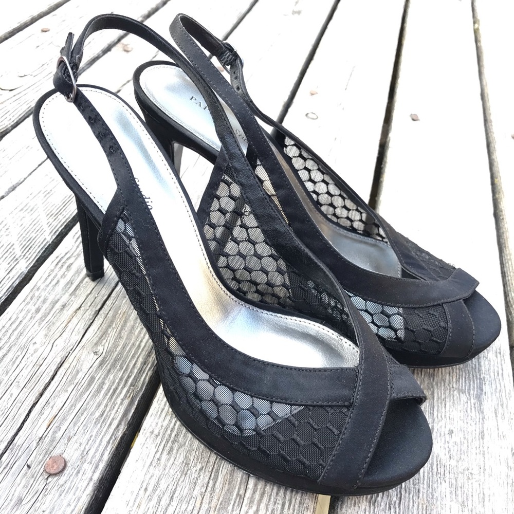 Papell Studio Sheer Back Sheer Fabric Strappy Heels SZ 6